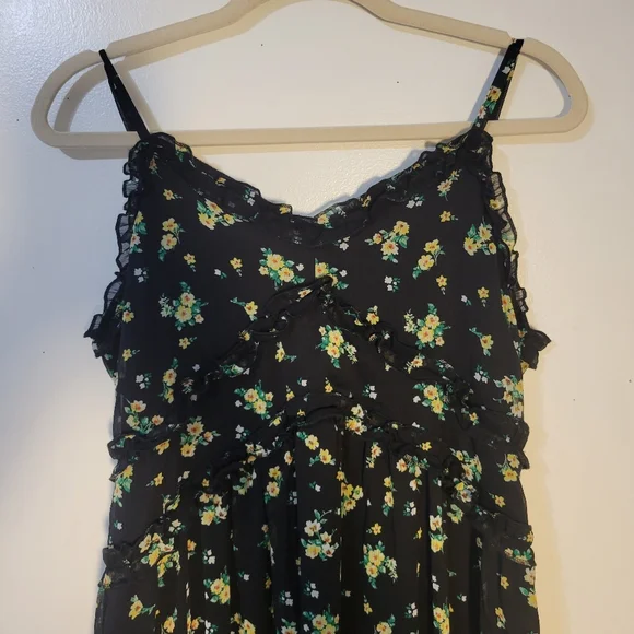 No Boundaries (Juniors L 11-13) Black Ditsy Floral Ruffle Midi Slip Sundress - Picture 6 of 9